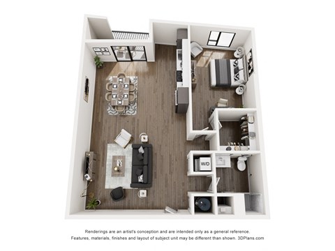 Floor plan for 1 bed, 1 bath, 986 sqft